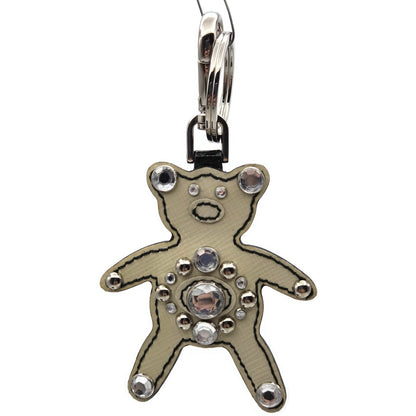 Prada Teddy Bear Keychain Bag Charm Beige Black Saffiano Leather w/ Crystals Box0