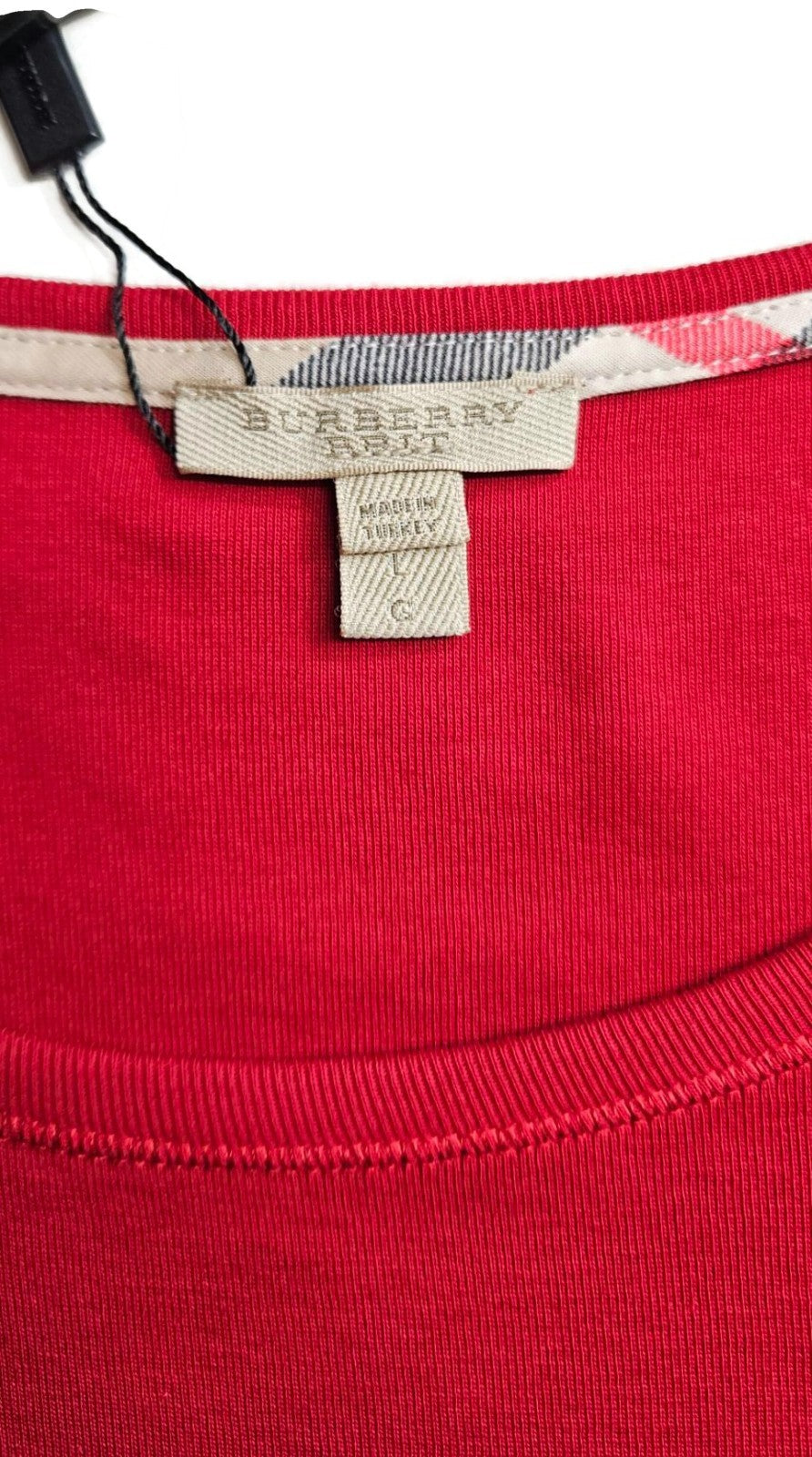 Burberry Brit Red Top Nova Check Cuff Scoop Neck 3/4 Sleeves Womens Sz Large NWT8