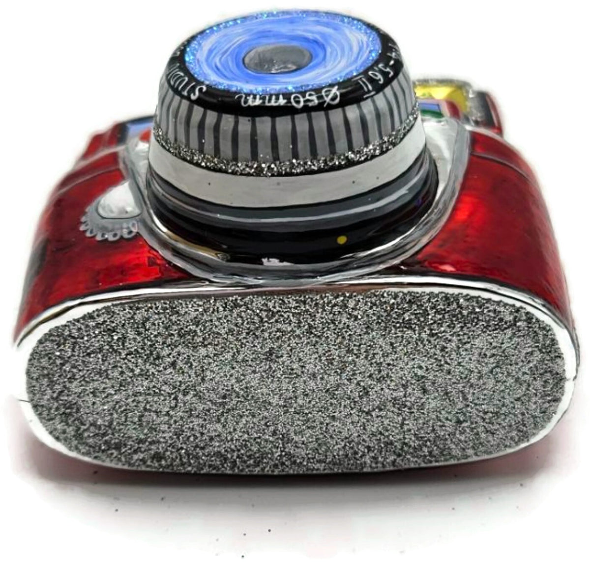 Vintage Style Glass Camera Red Sparkle Glitter Hand Painted Christmas Ornament1