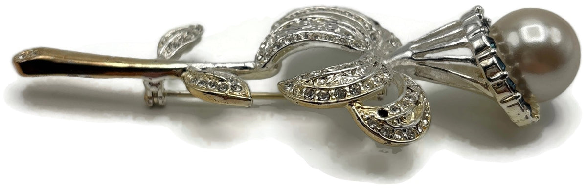 Vintage Rose Brooch Faux Pearl Black Clear Rhinestone Two Tone Flower Pin7