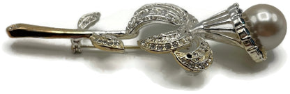 Vintage Rose Brooch Faux Pearl Black Clear Rhinestone Two Tone Flower Pin7