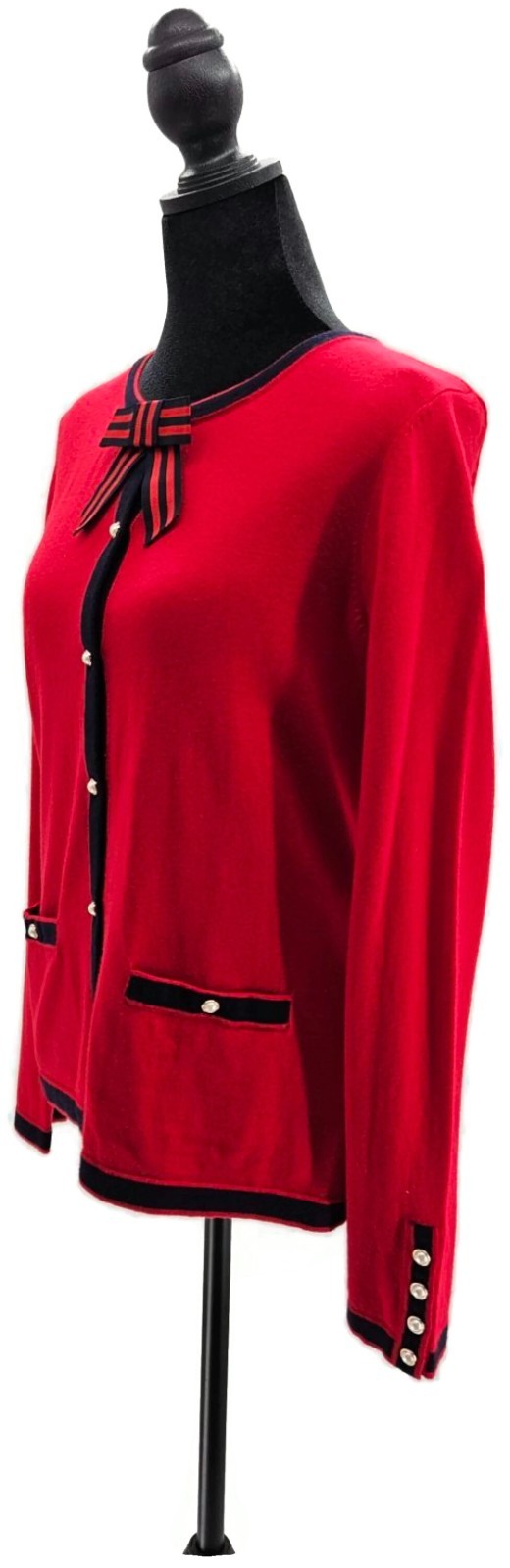 Talbots Women's Red Navy Bow Pearl Button Cashmere Blend Cardigan Sweater S NWT1