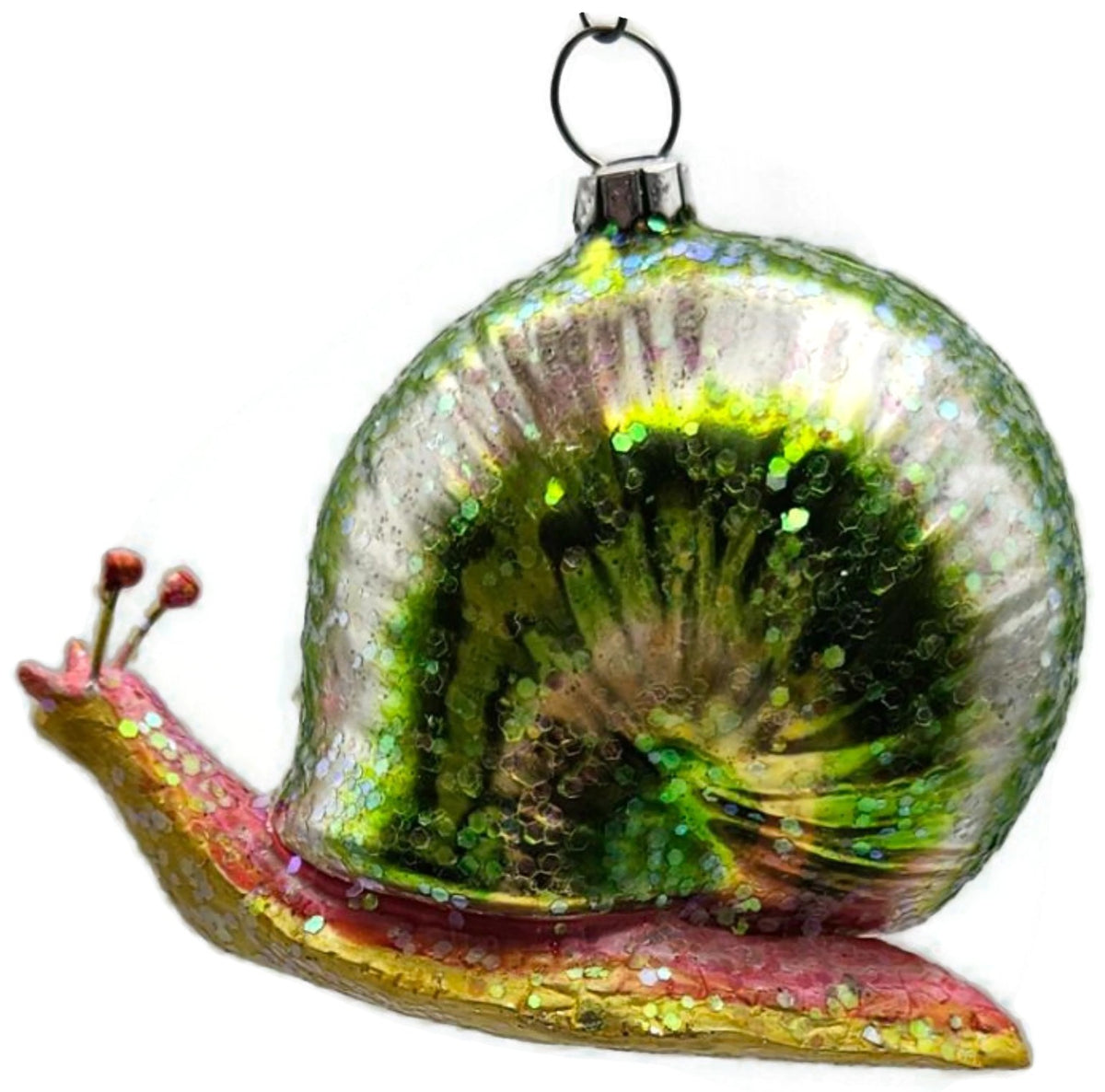 Green Glittered Snail Glass Christmas Ornament Spiral Shell5
