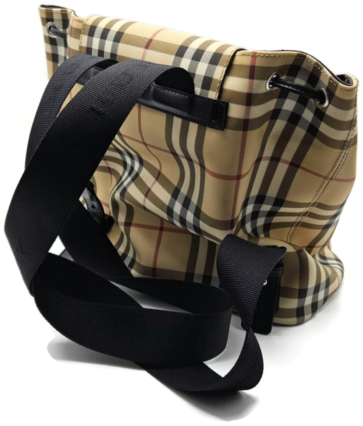 Burberry Check Drawstring Backpack Beige Black Trim Front Pocket Rucksack3