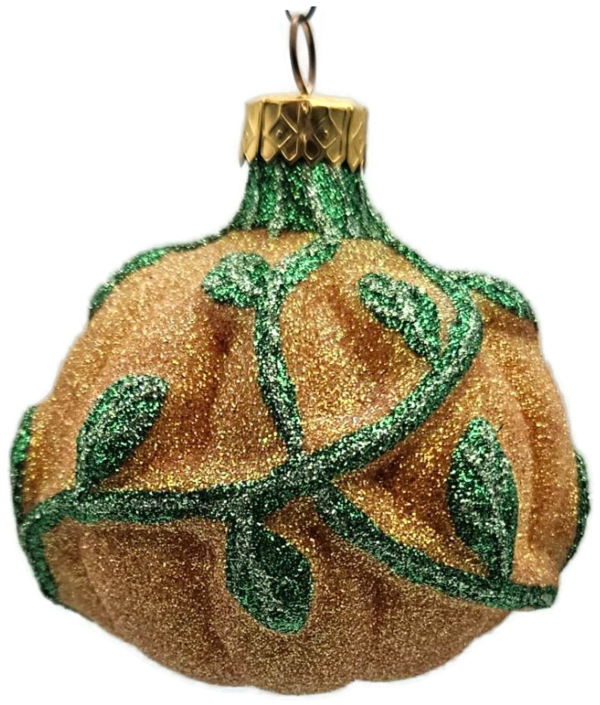 Vintage Pumpkin & Vine Orange Green Glitter Blown Glass Fall Christmas Ornament2
