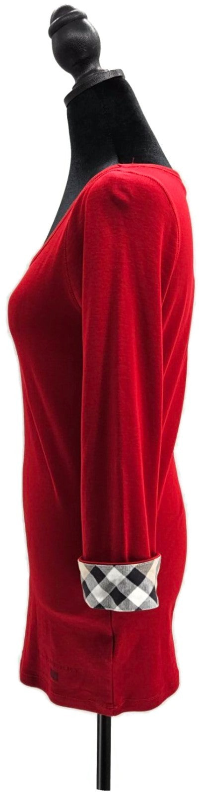 Burberry Brit Red Top Nova Check Cuff Scoop Neck 3/4 Sleeves Womens Sz Large NWT2