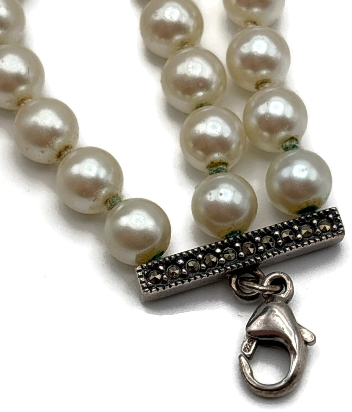 925 Marked 3 Strand Cream Pearl-Look Choker Necklace Oval Centerpiece 16in7
