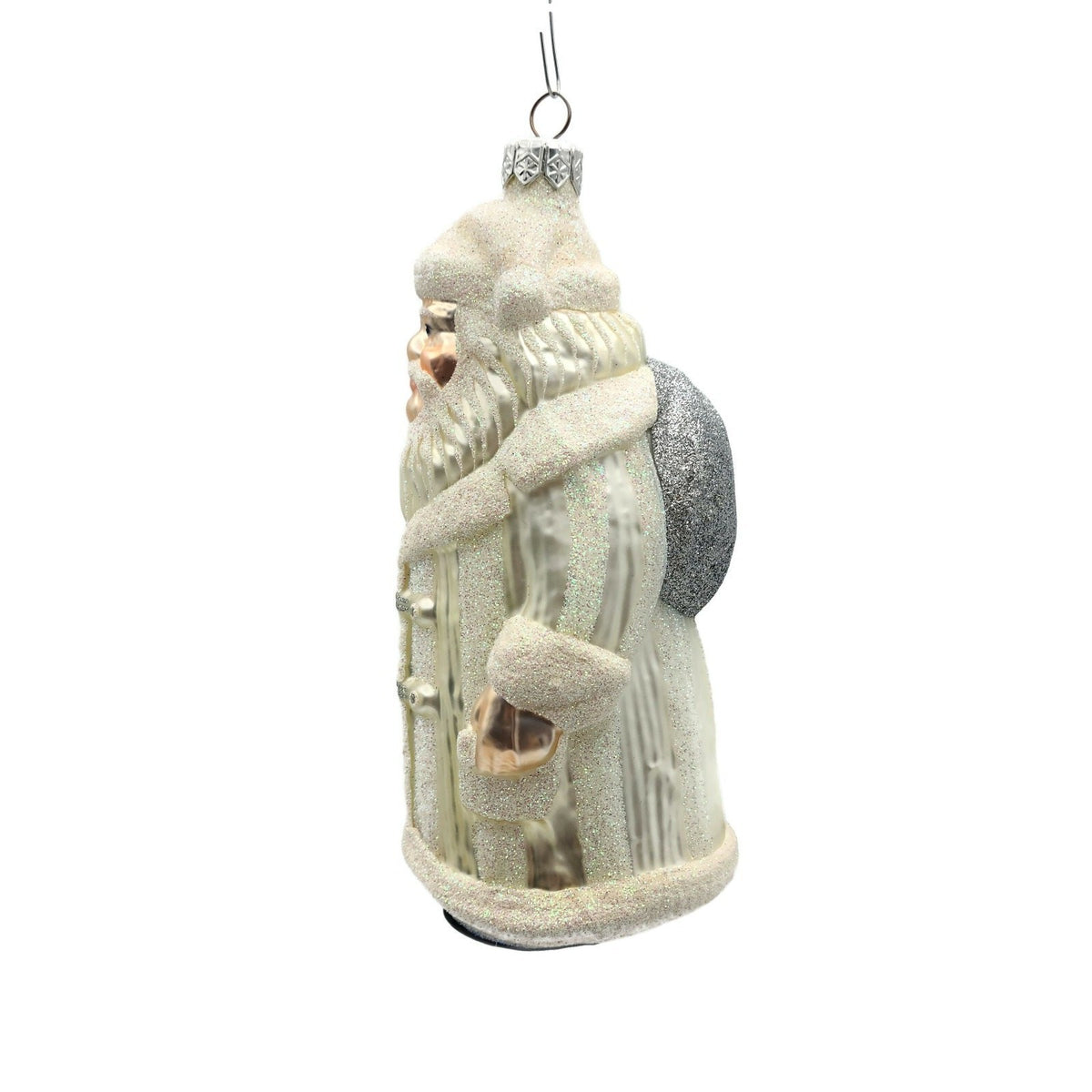 Patricia Breen Striped Santa Pearl Silver Bag Glittered Christmas Ornament 95504