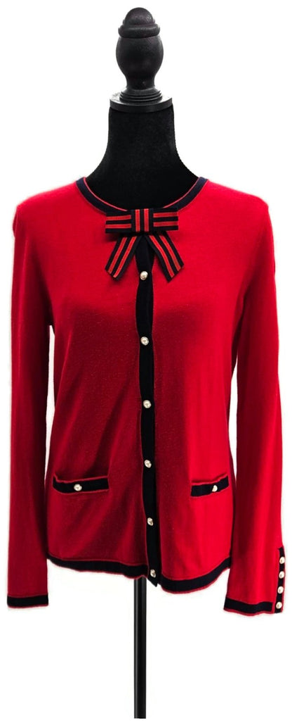 Talbots Women's Red Navy Bow Pearl Button Cashmere Blend Cardigan Sweater S NWT0