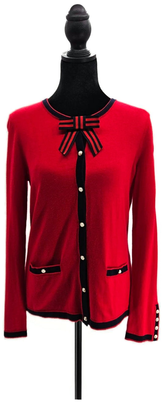 Talbots Women's Red Navy Bow Pearl Button Cashmere Blend Cardigan Sweater S NWT0