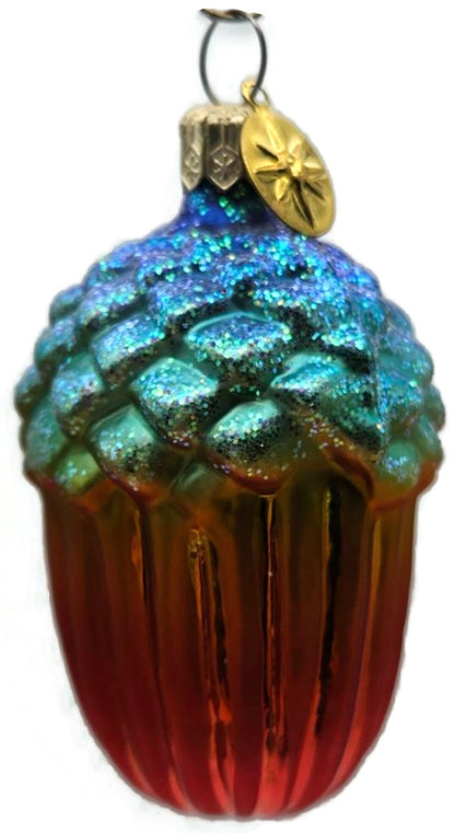 Christopher Radko Winter Acorn Blue Orange Ribbed Christmas Holiday Ornament1