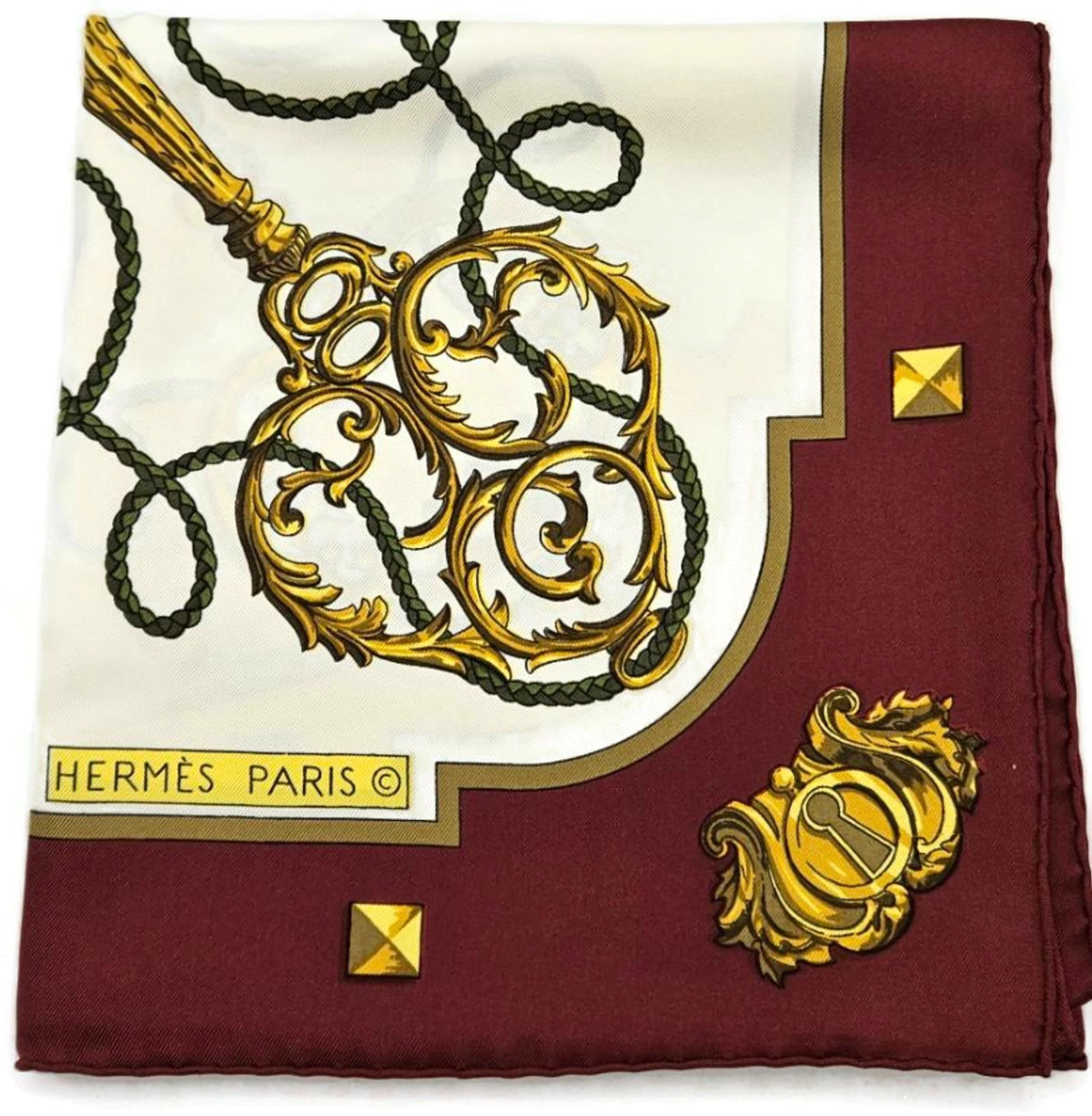 Hermes Carre 90 Silk Scarf Les Cles Caty Latham Burgundy Gold Keys Wrap w/ Box4