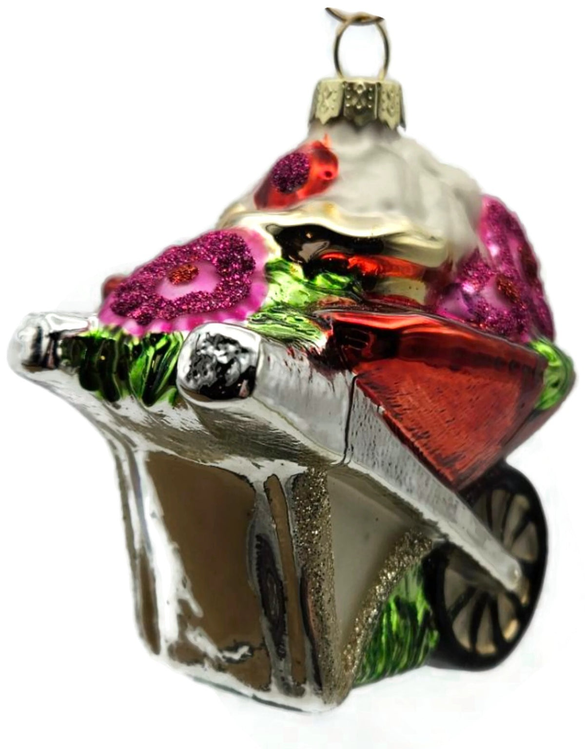 Floral Wheelbarrow Garden Flowers Blown Glass Christmas Holiday Tree Ornament6