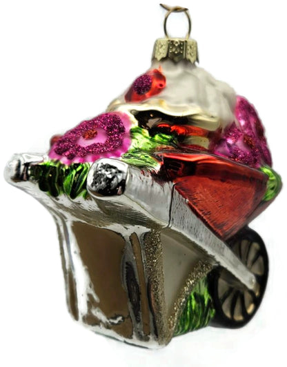 Floral Wheelbarrow Garden Flowers Blown Glass Christmas Holiday Tree Ornament6