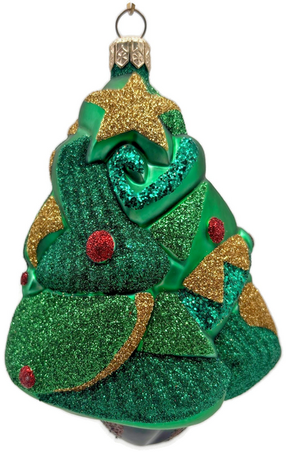 Patricia Breen Cubist Tree Green Red Gold Star Glittered Christmas Ornament 99080