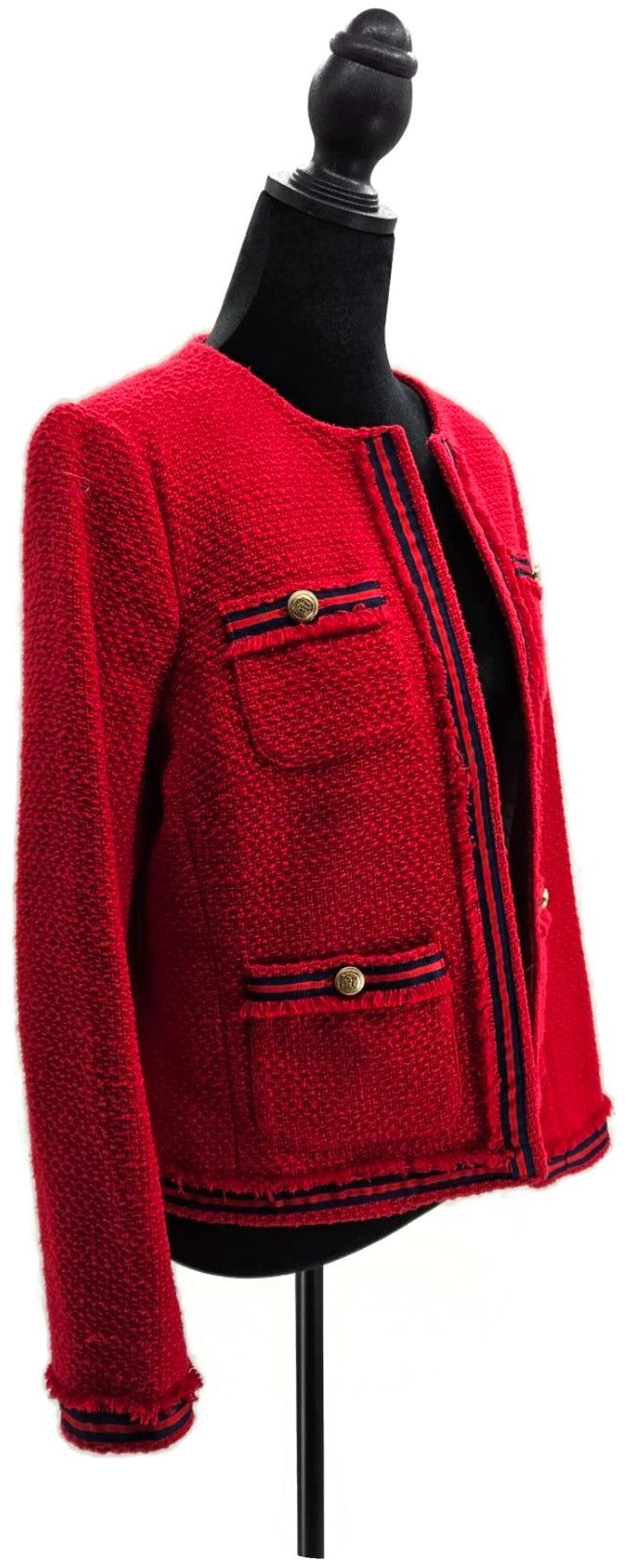 Talbots Women's Red Cotton Tweed Jacket Black Trim Patch Pockets Size 6 NWT7