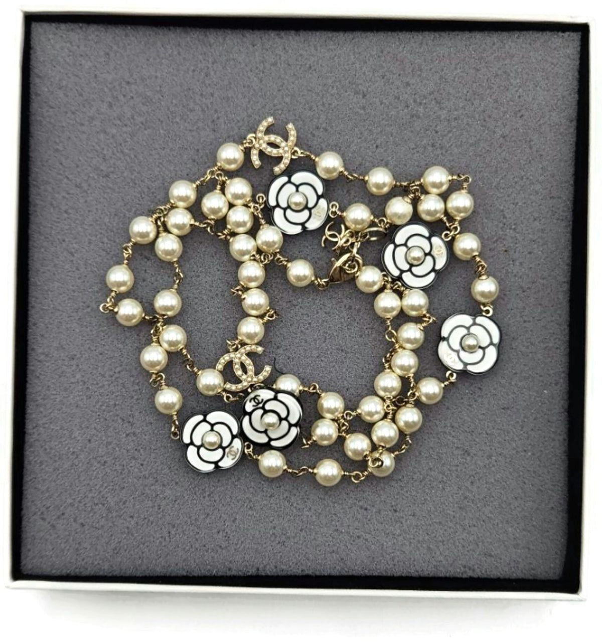 Chanel B19B Camellia Faux Pearl Crystal CC Long Necklace 2019 Gold w/ Box20