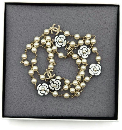 Chanel B19B Camellia Faux Pearl Crystal CC Long Necklace 2019 Gold w/ Box20