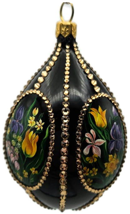 Patricia Breen Medium Egg Spring 1610 Jeweled Black Floral Easter Ornament 33143