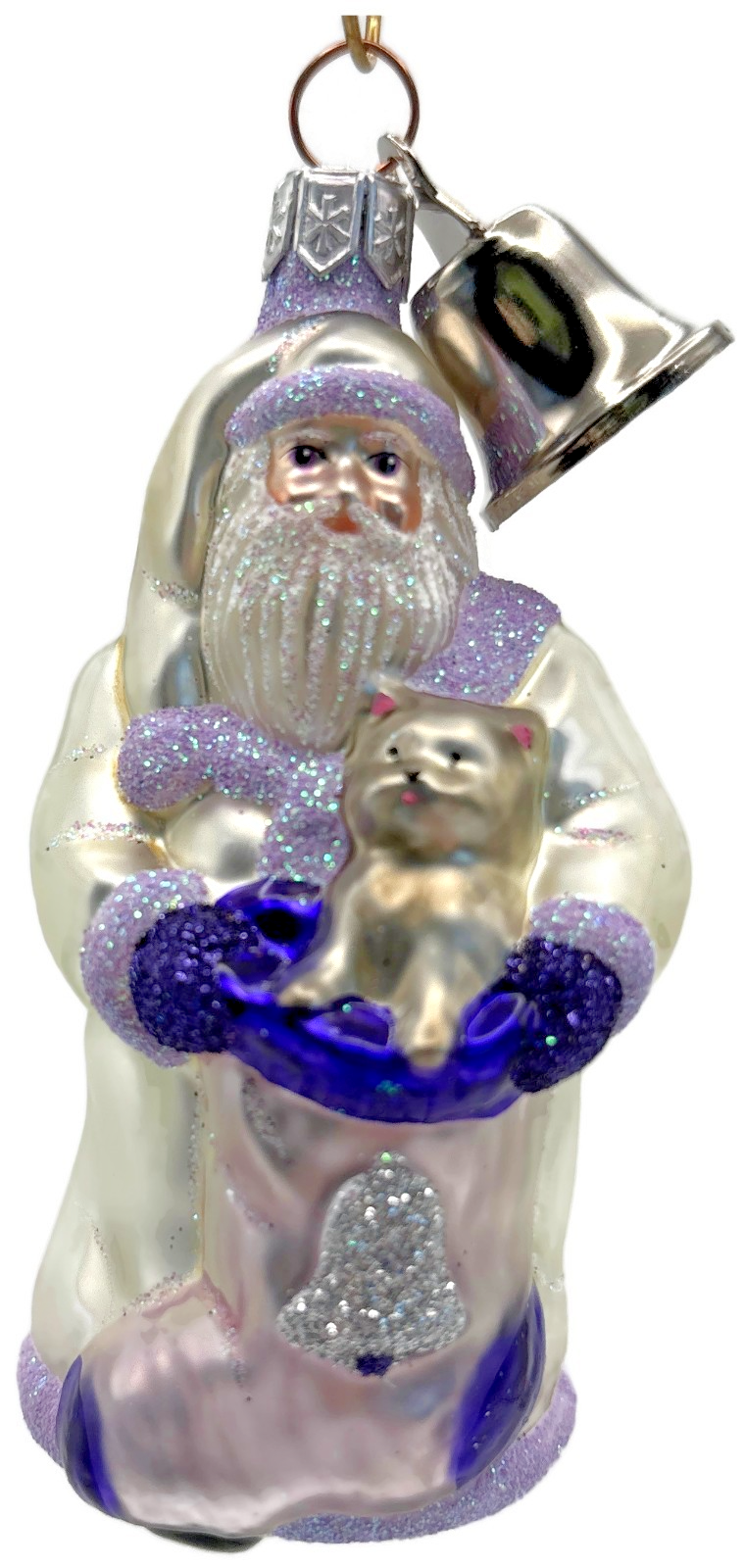 Patricia Breen Santa With Kitten Bell Lavender Glass  Christmas Ornament 2000CO0
