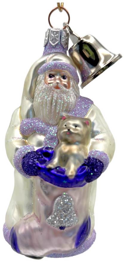 Patricia Breen Santa With Kitten Bell Lavender Glass  Christmas Ornament 2000CO0