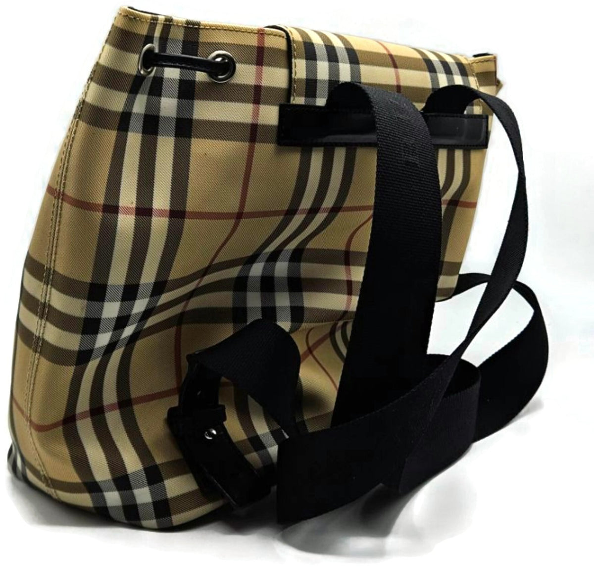 Burberry Check Drawstring Backpack Beige Black Trim Front Pocket Rucksack5