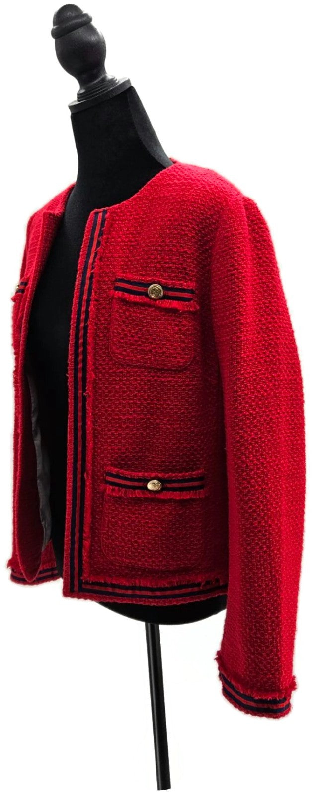 Talbots Women's Red Cotton Tweed Jacket Black Trim Patch Pockets Size 6 NWT1