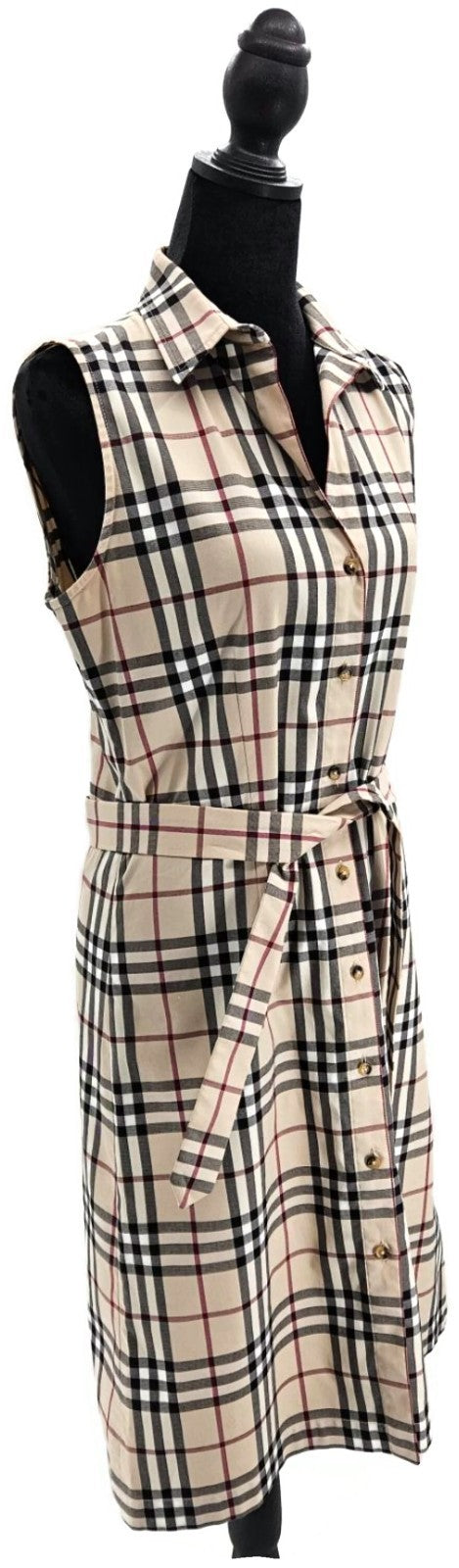 Burberry London Check  Button Up Midi Dress Beige Belted Sleeveless Women Size 87