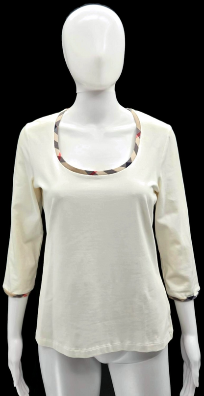 Burberry London Cream Ivory Check Trim Scoop Neck 3/4 Sleeve Top Women's Medium0