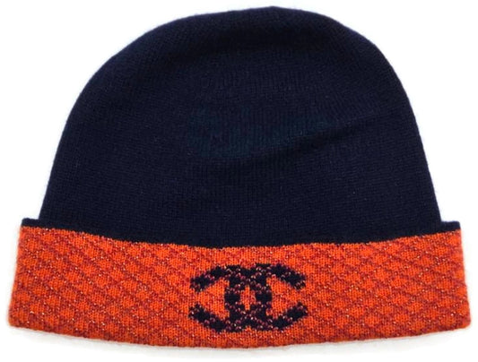 Chanel 18K Cashmere Knit Beanie Hat Gloves Set Navy Blue Orange CC New with tags0