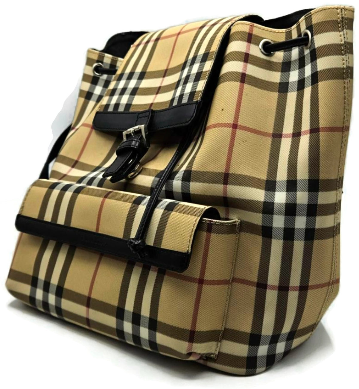 Burberry Check Drawstring Backpack Beige Black Trim Front Pocket Rucksack7