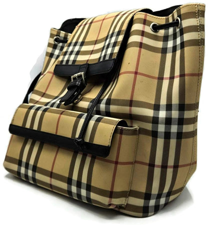 Burberry Check Drawstring Backpack Beige Black Trim Front Pocket Rucksack7