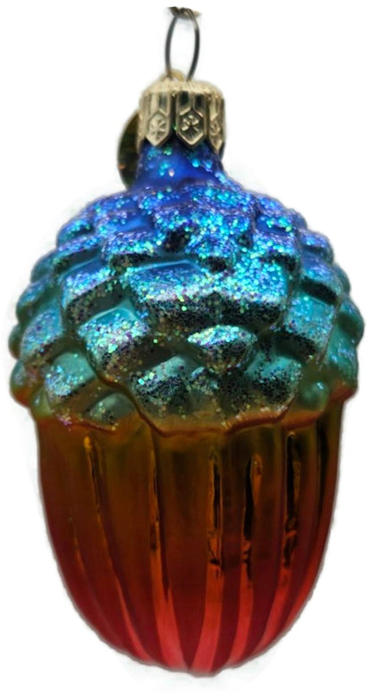Christopher Radko Winter Acorn Blue Orange Ribbed Christmas Holiday Ornament6