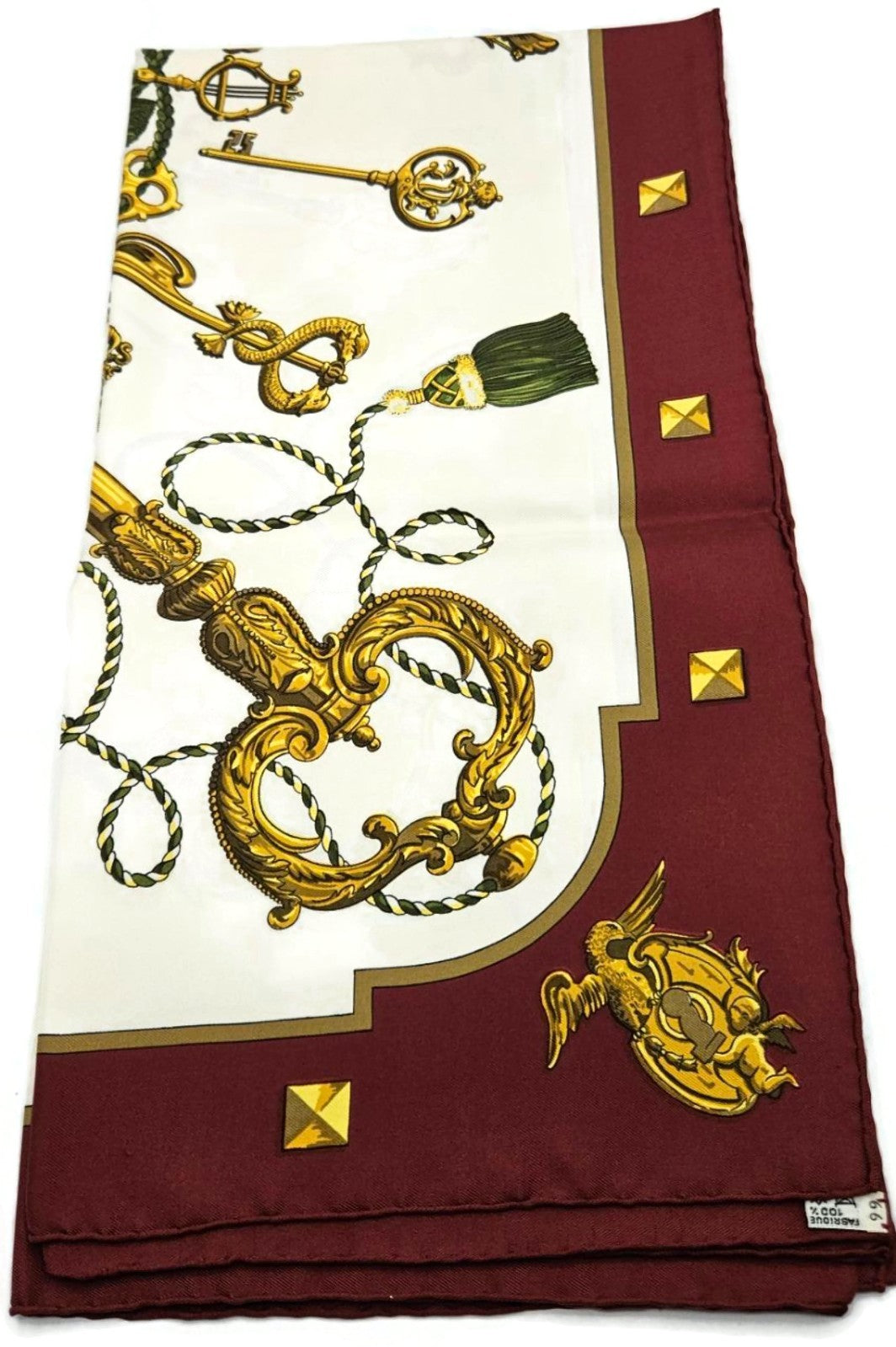 Hermes Carre 90 Silk Scarf Les Cles Caty Latham Burgundy Gold Keys Wrap w/ Box3