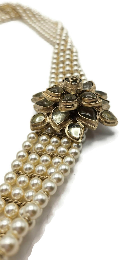 Chanel Paris Bombay 12A Pearl Camellia Necklace Belt Gold Tone 2012 w/ Box10