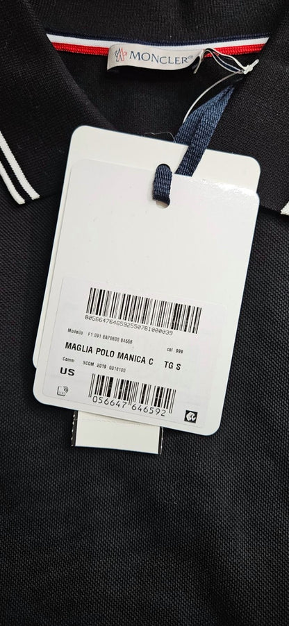Moncler Men's Black Polo Shirt Size S Logo Tricolor Trim NWT F10918A70600 8455610