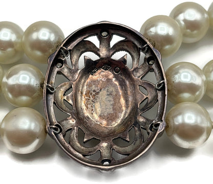 925 Marked 3 Strand Cream Pearl-Look Choker Necklace Oval Centerpiece 16in9