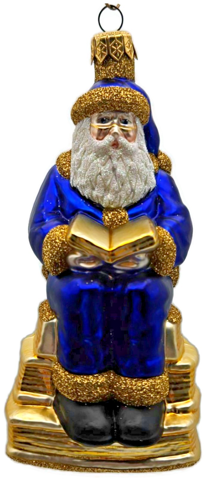 Patricia Breen Santa Reads Blue Glittered Top Of Books Christmas Ornament 99310