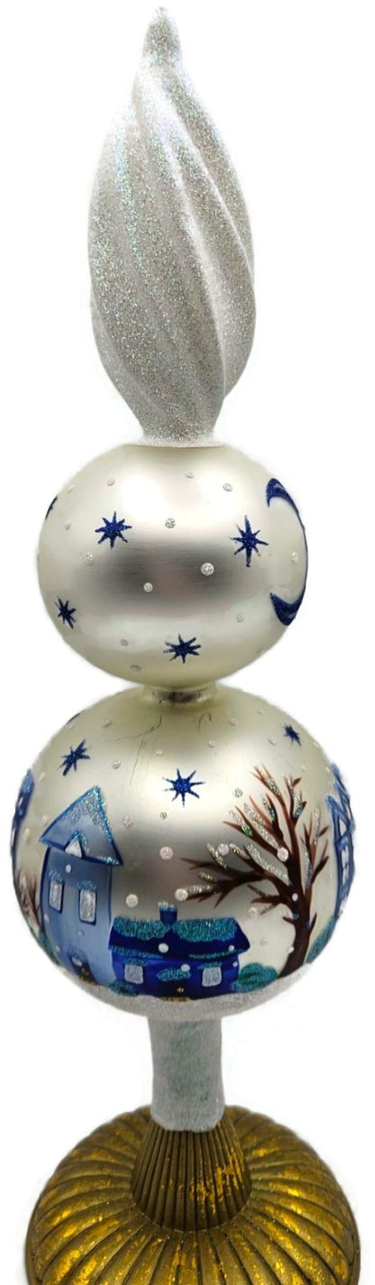 Patricia Breen Village Finial Pearl Snow Blue Stars Christmas Tree Topper 96802