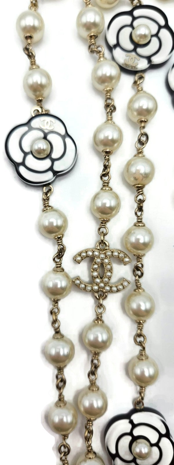 Chanel B19B Camellia Faux Pearl Crystal CC Long Necklace 2019 Gold w/ Box12