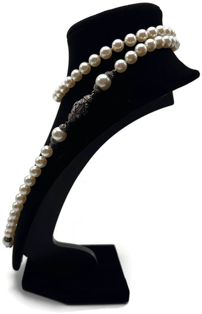 Vintage 36" Pearl Look Station Necklace Silver Tone Black Rhinestone Long Opera2