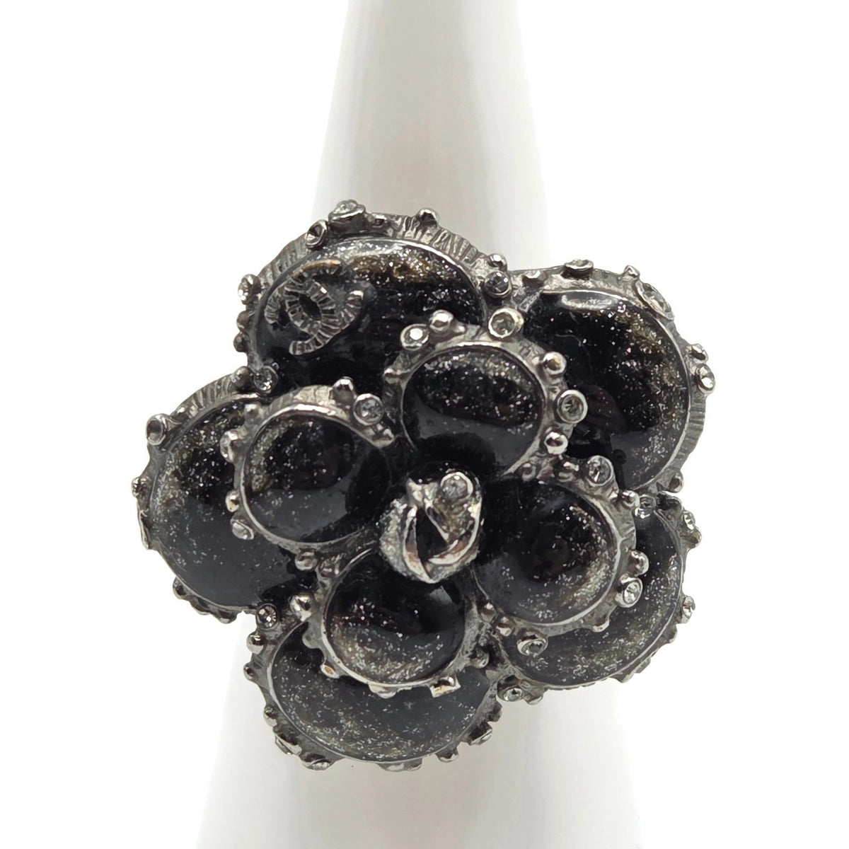 CHANEL 13PCamellia CC Flower Ring Black Enamel Crystal Ruthenium EU 54 US 7 Box1