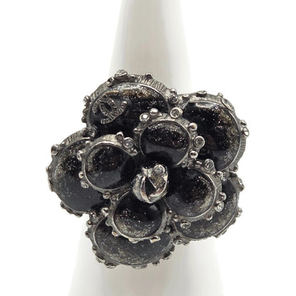 CHANEL 13PCamellia CC Flower Ring Black Enamel Crystal Ruthenium EU 54 US 7 Box1