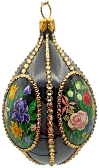 Patricia Breen Medium Egg Spring 1610 Jeweled Black Floral Easter Ornament 33141