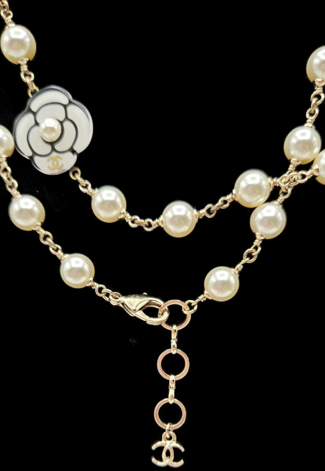Chanel B19B Camellia Faux Pearl Crystal CC Long Necklace 2019 Gold w/ Box4