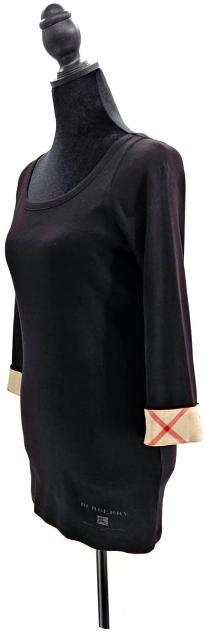 Burberry Brit Nova Check Cuffs Scoop Neck Top Black 3/4 Sleeve Women Size Medium1