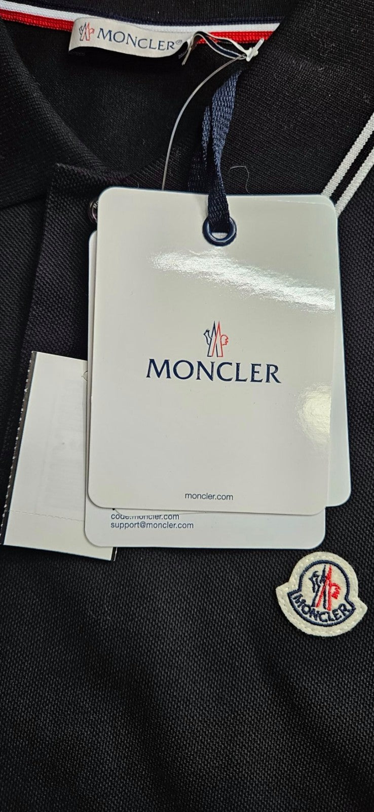 Moncler Men's Black Polo Shirt Size S Logo Tricolor Trim NWT F10918A70600 845569