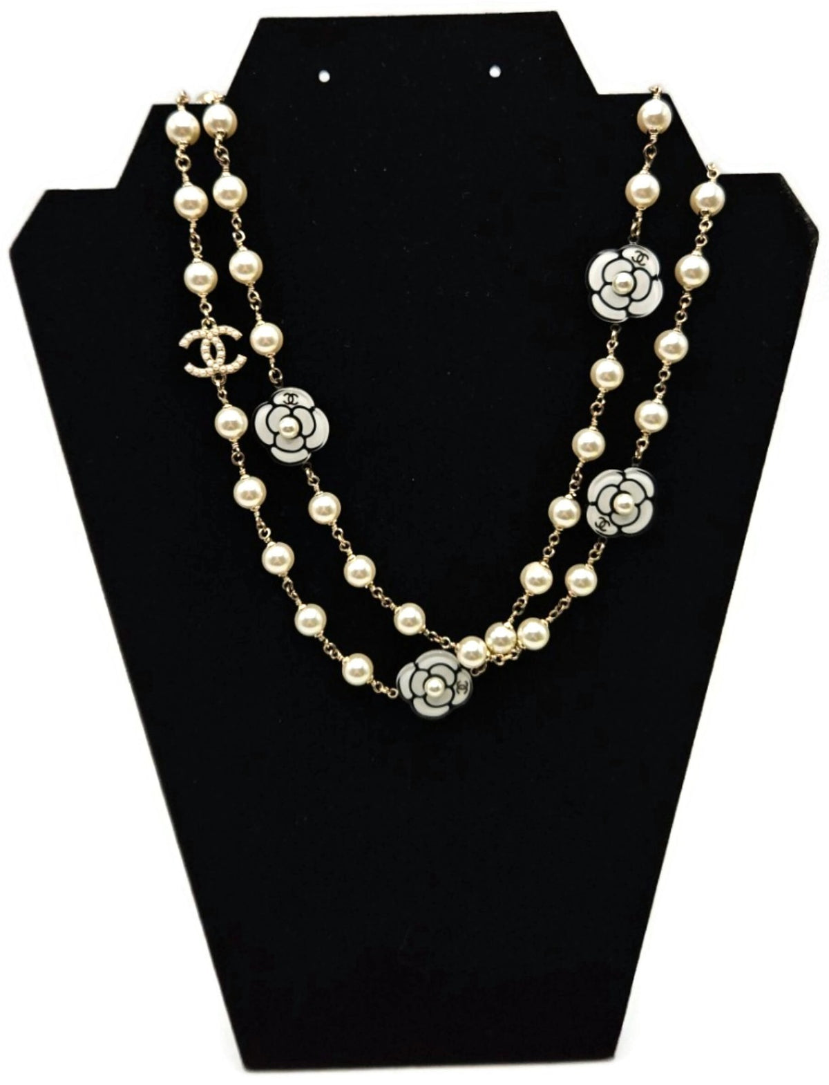 Chanel B19B Camellia Faux Pearl Crystal CC Long Necklace 2019 Gold w/ Box3