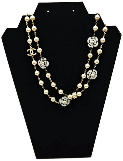 Chanel B19B Camellia Faux Pearl Crystal CC Long Necklace 2019 Gold w/ Box3