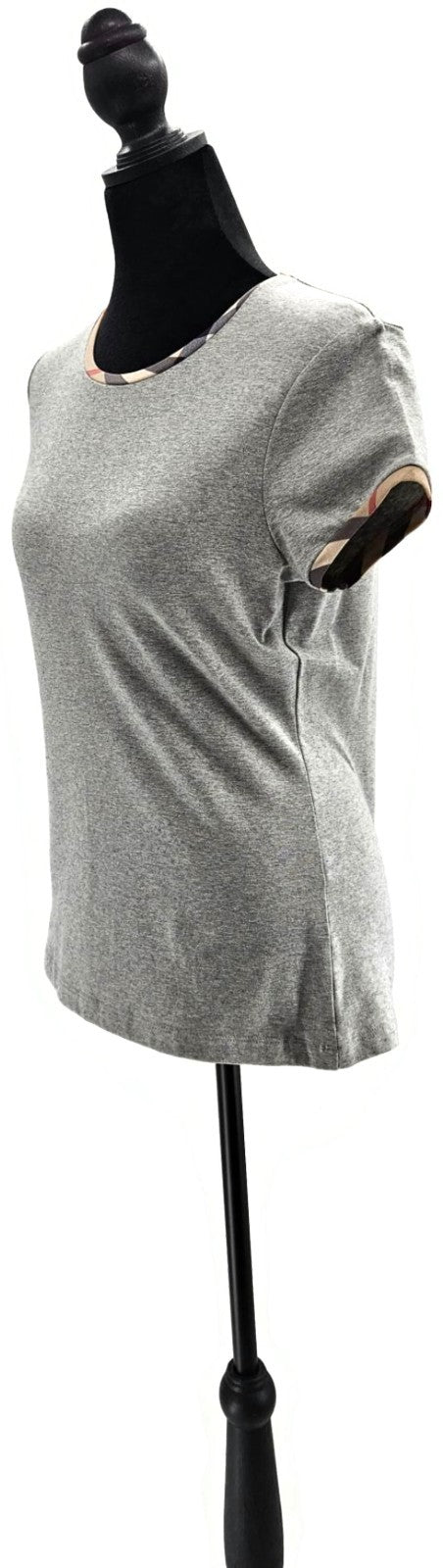 Burberry London Pale Grey Nova Check Trim Short Sleeve T Shirt Womens Medium NWT6